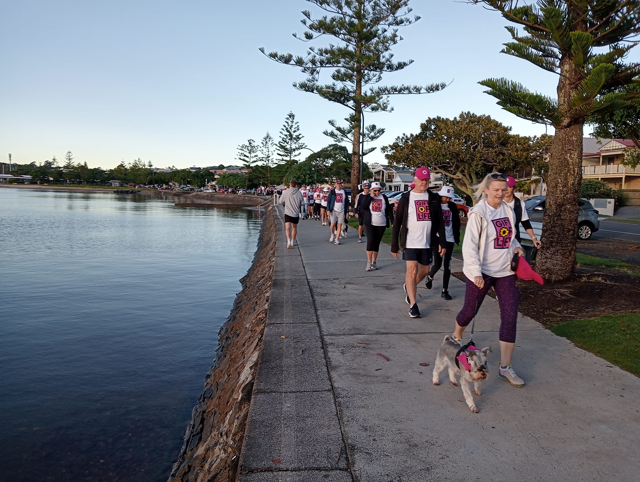 People dressed in Gift of Life and DonateLife merchandise walk alongside water in the early morning.