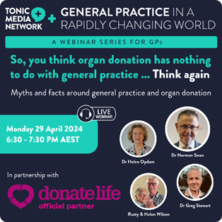 An advertisement promoting a webinar for GPs to learn about the role they play in raising awareness of organ donation and encouraging people to register.