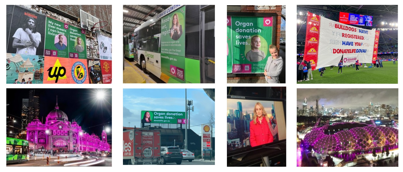 Photos of advertising and lit up monuments for DonateLife Week across Australia