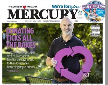 The front cover of the Mercury Newspaper, which features a story on a transplant recipient.