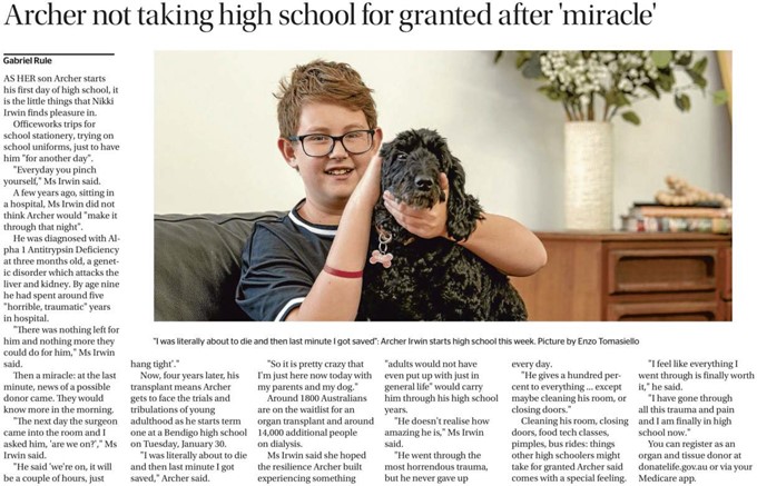 A screenshot of a news article from the Bendigo Advertiser about liver recipient Archer Irwin.