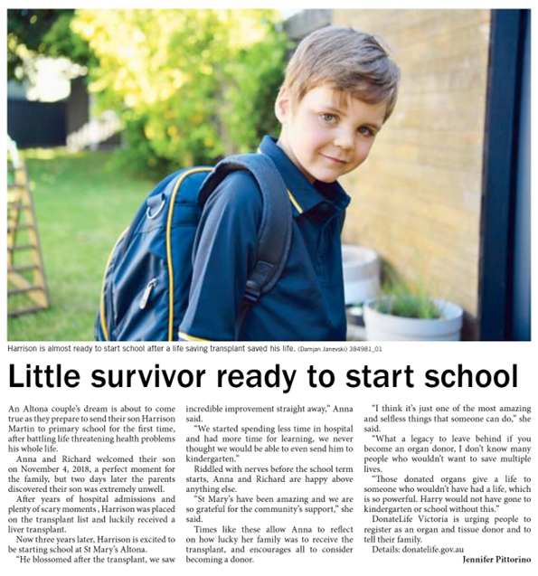 A screenshot of a news article from the Star Weekly about liver recipient Harrison Martin. 