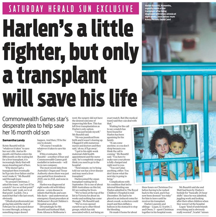 Screenshots of a news article from The Herald Sun about Harlen Busuttil, who is on the waitlist for a liver transplant.