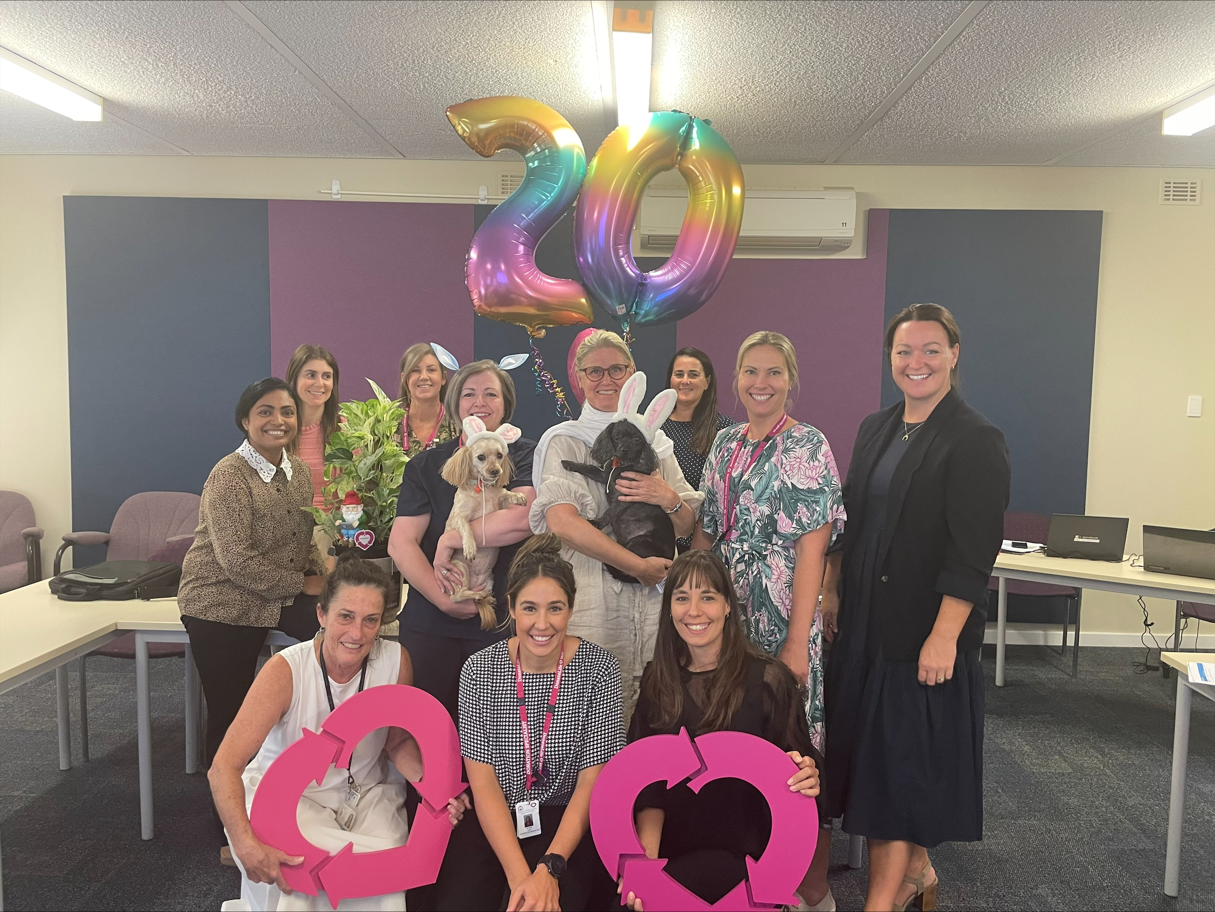 A group photo of DonateLife Western Australia staff members. Some of them are holding dogs, two are holding magenta DonateLife heart emblems, and there is a rainbow ‘20’ helium balloon behind them.