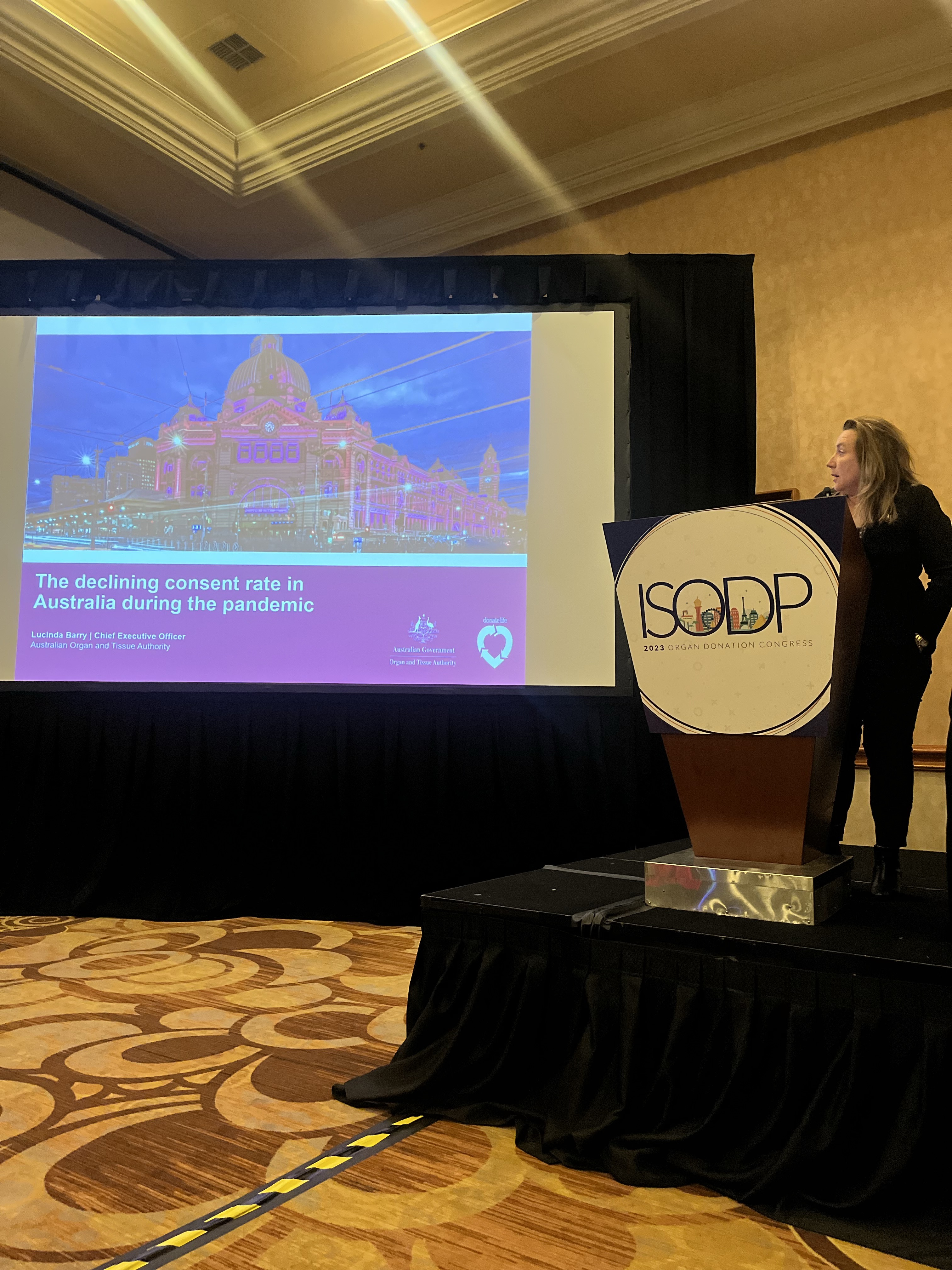 Photo of CEO Lucinda Barry presenting at the ISODP conference in Las Vegas