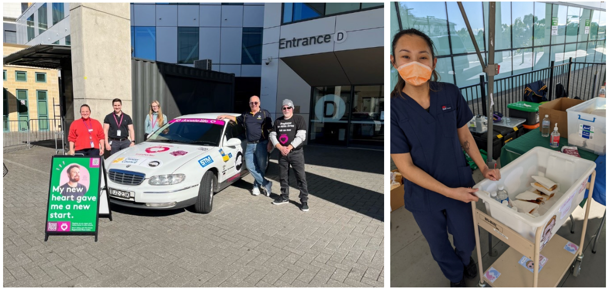 DonateLife Week BBQ at Campbelltown Hospital: SWSLHD DSN Melinda and Kade, Emily (Project Officer DonateLife), Lions Parramatta member Graham Estreich, and Wayne Aiken, liver transplant recipient and DonateLife Shitbox rally contender (left), and a birthing unit for sausage sandwiches (right).