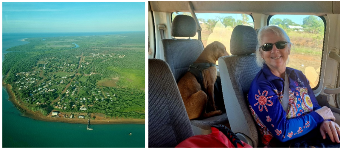 Wurrumiyanga from the air (left), and DLNT staff and a canine passenger! (right) 