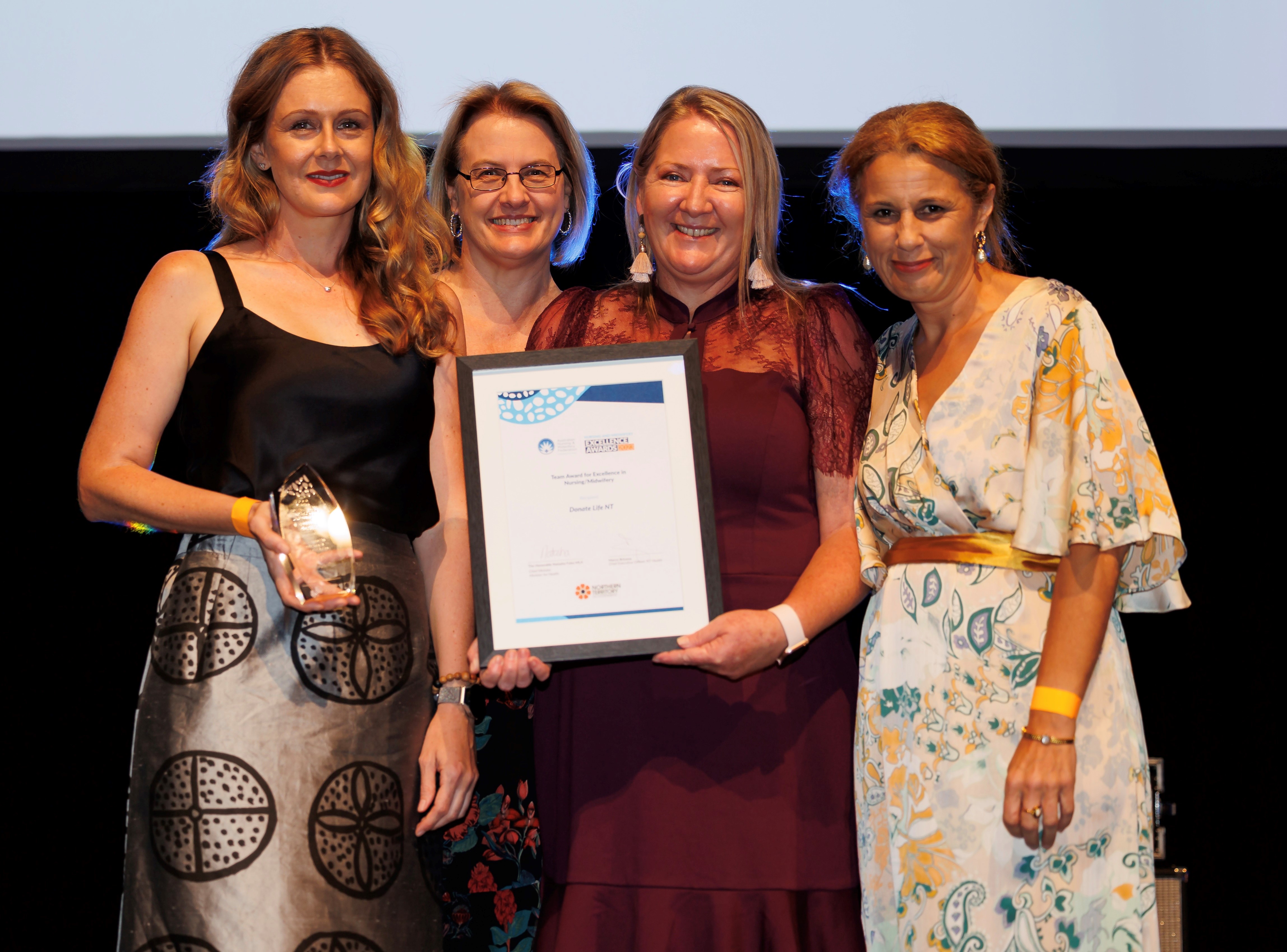 Photo from the NT nursing midwifery awards. Photo of Shan Cairnes, Lee Wood, Kirstine Kearns and Adjunct Professor Jo Seiler, General Manager Darwin Private Hospital.  