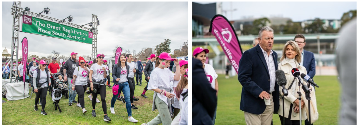 Participants in the Great Registration Race SA, including Heather Makris (left), and Oren Klemich speaking at the launch (right). 