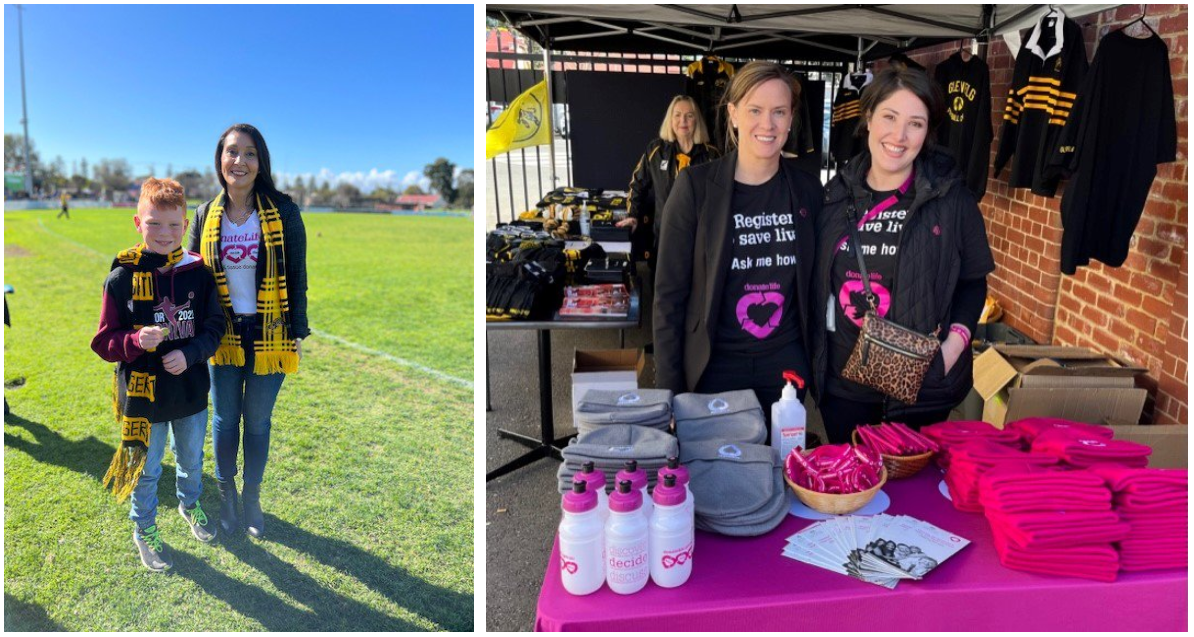 DonateLife SA community advocate and liver recipient Heather Makris with Sid Davis (left), and DonateLife SA team Dale Birrell and Alana Roscio raising awareness around organ and tissue donation at the league game (right).