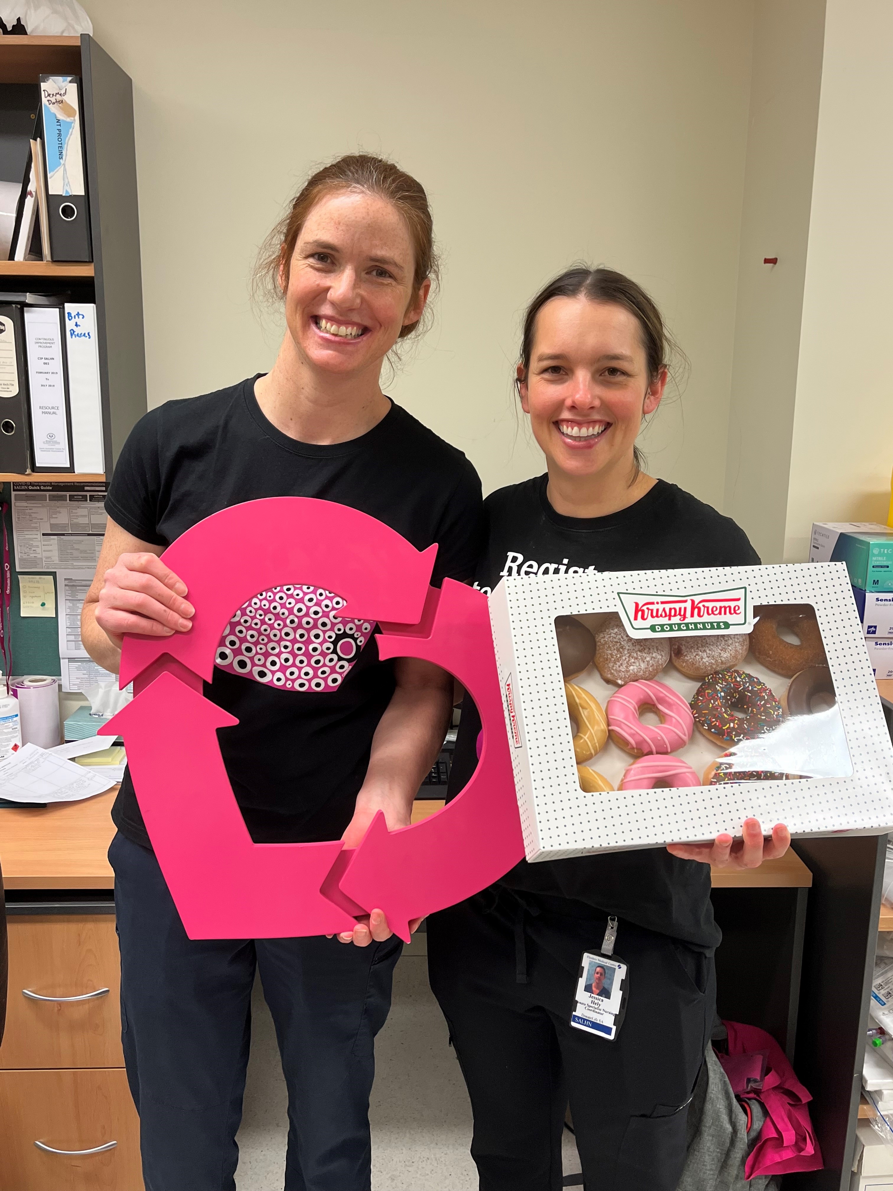 DonateLife SA DSNCs Jo Brooks and Jessica Hely at Flinders Medical Centre for Donut Day. 