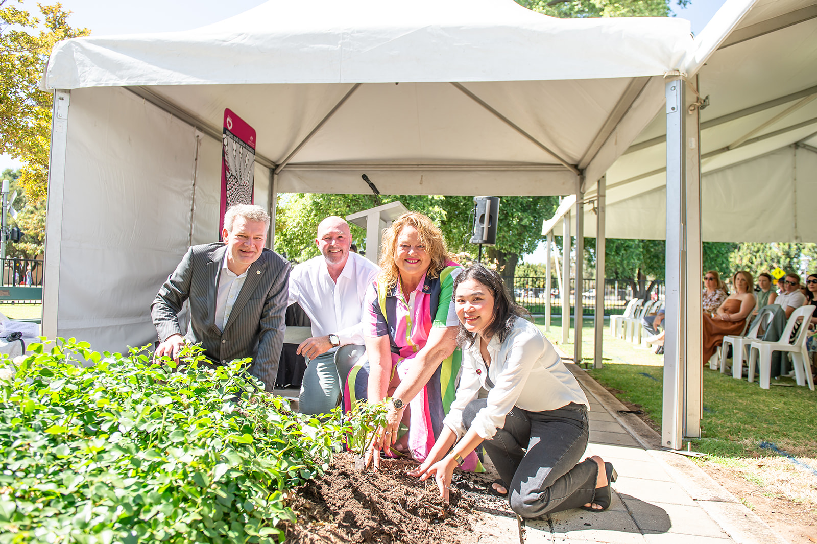 Donate Life SA’s Dr Stewart Moodie, Donor Family Representative Brett Dalton, The Hon. Nat Cook MP and Recipient Faye Ngo, planting the Amazing Grace rose at the DonateLife SA Rose Planting Ceremony.