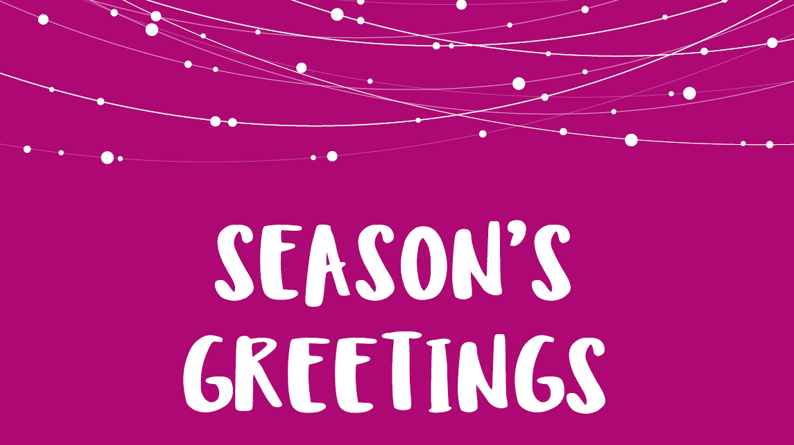 Magenta image with seasons greetings written in cursive writing and string lights along the top