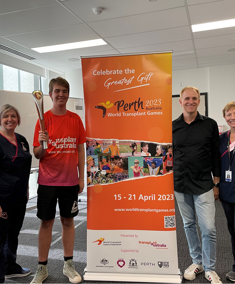 Photo of Donor Coordinator Mary Lynch, Jake Prince (Liver transplant recipient), Russ Tuff (Donor Family guest speaker), and Clinical Nurse Specialist Linda Thomas.