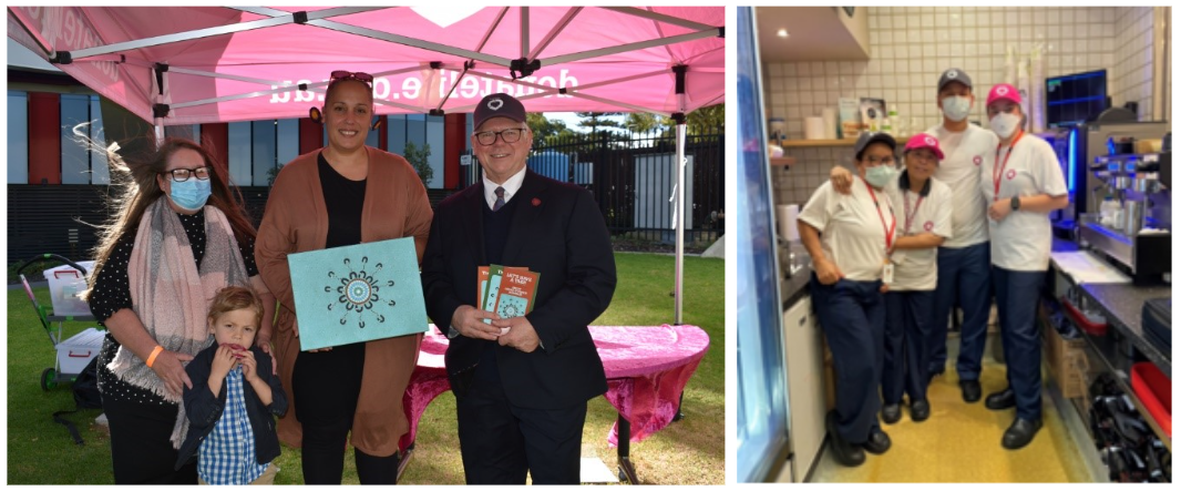 Artist Turid Calgaret presenting a plaque at Perth Children’s Hospital (left) and café staff involved in the ‘two sips to register’ campaign at Royal Perth Hospital (right)