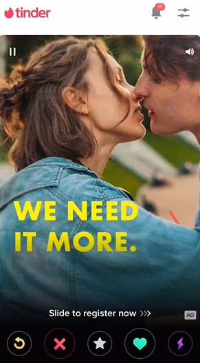 Screenshots of an ad on the Tinder app, with the tagline ‘Don’t give your heart away on Valentines. We need it more.’