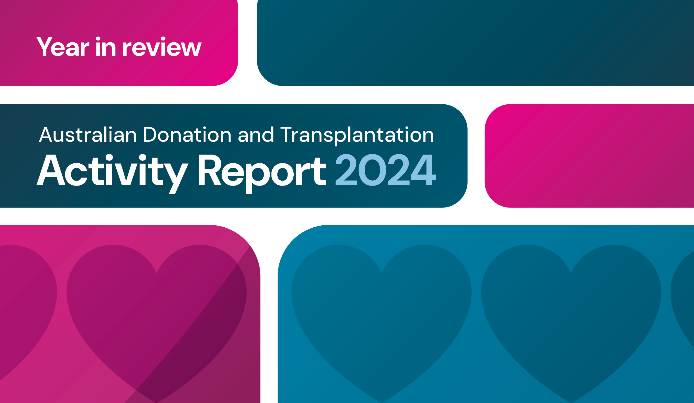 Magenta and teal artwork with hearts on it. Top left corner has the words Year in Review in white text with a magenta background. Underneath are the words Australian Donation and Transplantation Activity Report 2024 on a teal background