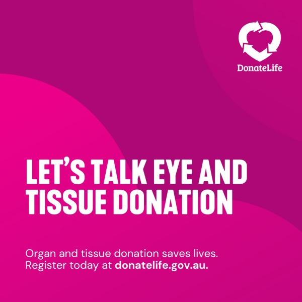 Magenta tile with a DonateLife logo and wording saying, 'Let's talk about eye and tissue donation'