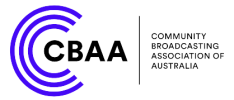 CBAA logo with 3 purple circles around the letters CBAA next to the text community broadcasting association of Australia