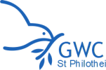 The Greek Welfare Centre of SA's logo with a blue outline of a dove holding a twig with the words 'GWC St Philothei' next to it