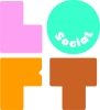 Loft social logo with large pink L, large green O, large orange F and large brown T in a square with the word 'social' inside the letter o