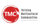 The Migrant centre logo with a red circle and the letters T, M and C inside with the words 'Thriving Multicultural Communities' in grey on the right of the circle