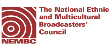 White background with a red square filled with a ripple like circle pattern in white. Red text on top says, ' NEMBC The National Ethnic and Multicultural Broadcasters' Council'