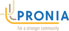 Large blue word that says 'PRONIA' with brown text under that says, 'for a stronger community'. There are 3 yellow curved lines that run to the left of the wording.