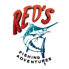 Blue and white swordfish in the centre with large red text on top that says 'RED's' and black text underneath that says 'fishing adventures'.